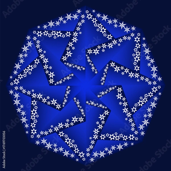 Obraz Bright blue winter mandala. White snowflakes on dark blue geometric background. Snowy winter night. Wintery round design element for holiday decor.