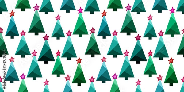 Obraz Green Christmas trees with red star on white background. Seamless pattern of random christmas trees. Geometric spruce of triangles. A winter design element for holiday decor