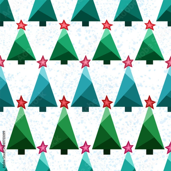 Obraz Seamless pattern of random christmas trees. Horizontal rows of geometric spruce. Green Christmas trees with red star on snowly background. Winter design element for holiday decor