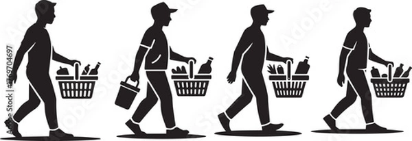 Fototapeta Grocery Shopping Silhouette — People Walking with Food Baskets and Items