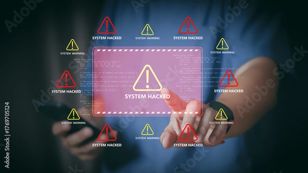 Fototapeta System warning alert on virtual interface with hand interaction. Concept of cybersecurity risk, data breach, malware, hacking, IT failure, and digital system vulnerability in modern technology.