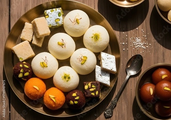 Fototapeta Top view of indian sweets including rasgulla, barfi, and laddu on a plate, a popular dessert