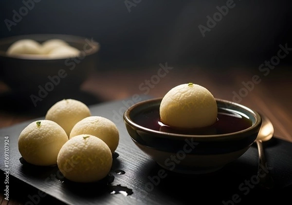 Obraz Rasgulla in a bowl with more on a slate plate, a traditional indian dessert made from chenna and sugar syrup