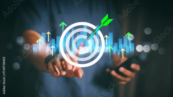Fototapeta Targeting business concept. Businessman show virtual target icons for business objective. Strategic planning for business growth and target customer group. Set up business objective target goal.