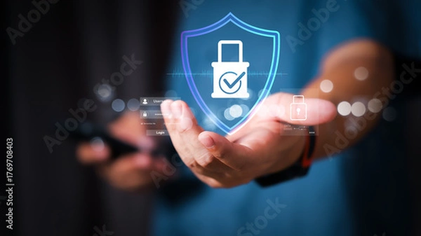 Fototapeta Businessman holding a digital shield with lock icon, representing cybersecurity, data protection, secure access, privacy, and digital safety in modern technology and online business.