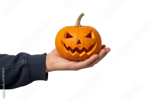 Fototapeta A realistic human hand holding a small carved pumpkin, visible wrist, cinematic shadow, isolated on plain green background, photorealistic