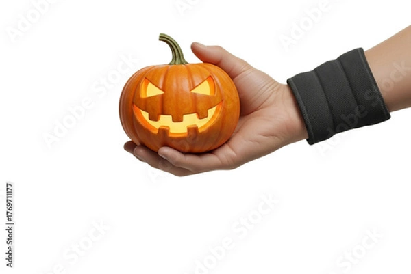 Fototapeta A realistic human hand holding a small carved pumpkin, visible wrist, cinematic shadow, isolated on plain green background, photorealistic