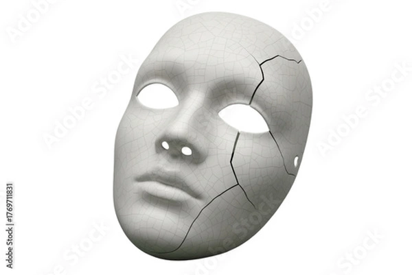 Fototapeta A cracked porcelain mask with empty eyes, slightly tilted, isolated on plain green background 