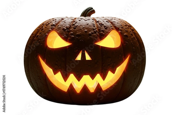 Fototapeta A detailed carved pumpkin with glowing light inside, smiling scary face, realistic texture, isolated on plain green background, studio lighting