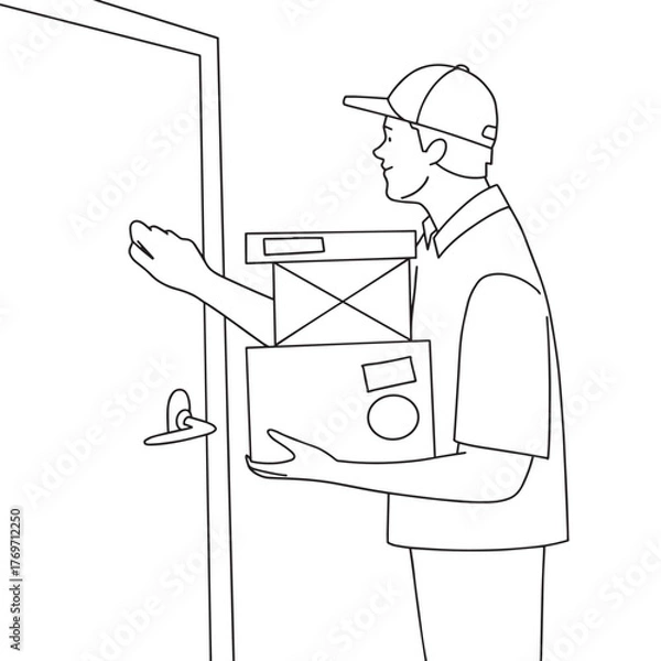 Obraz Courier knocking on door with package. Vector illustration