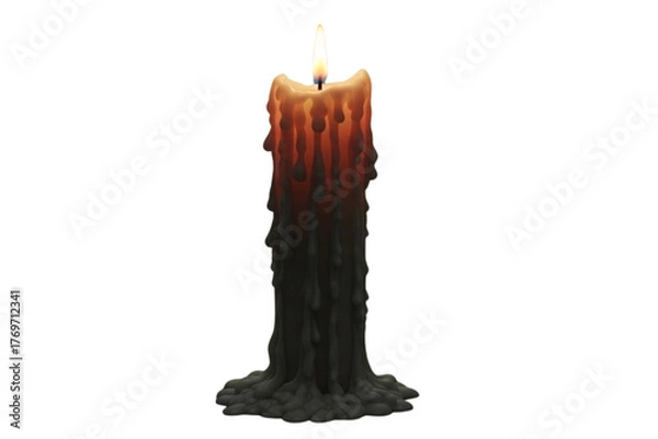 Fototapeta A tall wax candle with melting drips and a small flame, spooky atmosphere, isolated on plain green background, photorealistic