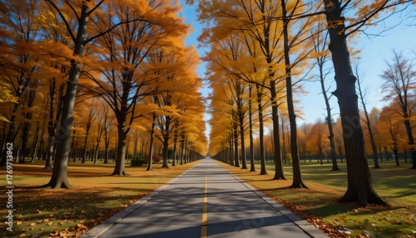Fototapeta Golden Autumn Road: A Vibrant Path Through Fall Foliage