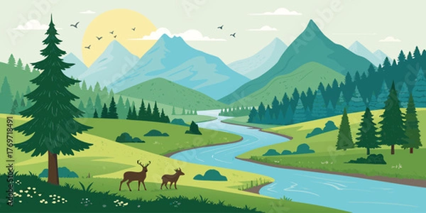 Fototapeta Vibrant flat illustration of a serene mountain landscape with winding river, green hills, pine trees, and deer grazing peacefully, nature scenery vector for travel, adventure, and outdoor design