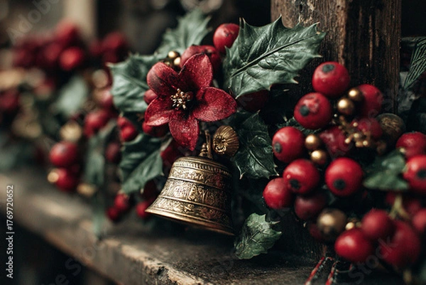 Fototapeta rustic seasonal centerpiece display, cozy farmhouse ornament with berries and bells
