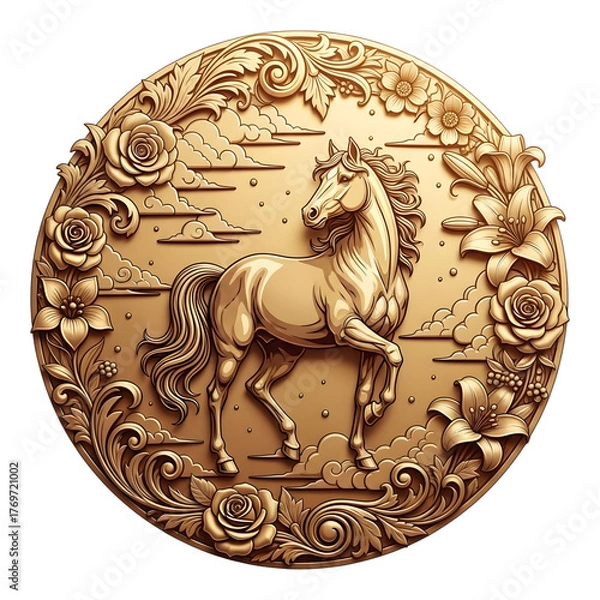 Fototapeta Golden horse with floral ornament isolated on transparent background