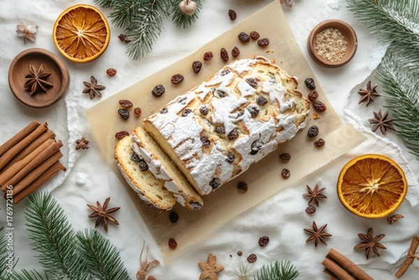 Obraz Stollen fruit bread, a traditional German Christmas sweet, presenting slices with raisins and powdered sugar, surrounded by festive spices and pine branches on a white fabric