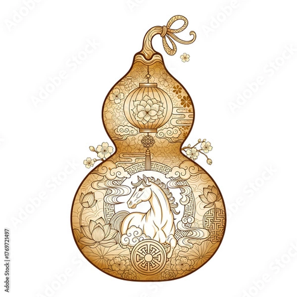 Fototapeta Chinese gourd with horse, lantern, and cloud isolated on transparent background