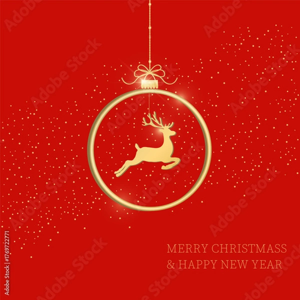Fototapeta Greeting card with gold Christmas  deer, christmas ball on red background. Vector illustration. Gold pattern