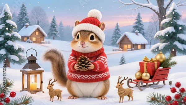 Obraz Christmas Chipmunk in Sweater | Cute Festive Animal Illustration