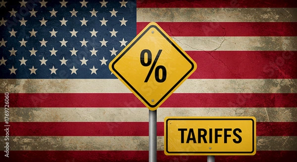 Fototapeta American flag backdrop with percentage and tariffs signs symbolizing trade and economic policies