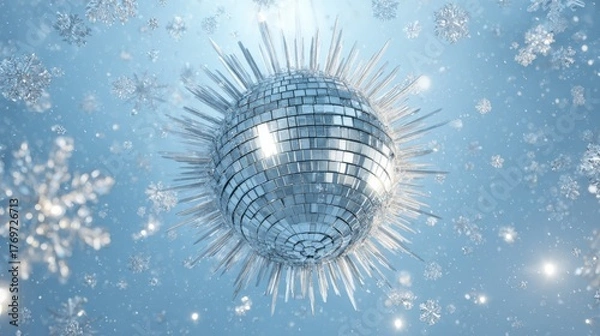 Fototapeta Reflective disco ball is suspended in a snowy environment, surrounded by falling snowflakes, creating a whimsical and festive ambiance for holiday celebrations