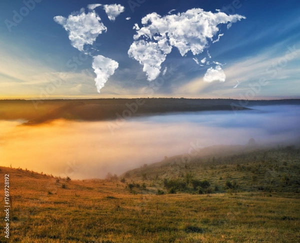 Obraz World Map Clouds Over Morning Meadow