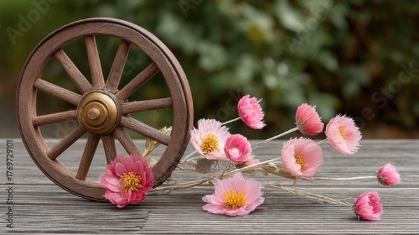 Fototapeta A colorful wreath made of dried flowers is arranged on a weathered wooden background, adding charm to the rustic decor