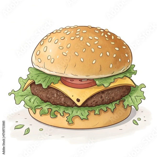 Obraz Fun Cartoon Style Cheeseburger with Simple Flat Colors