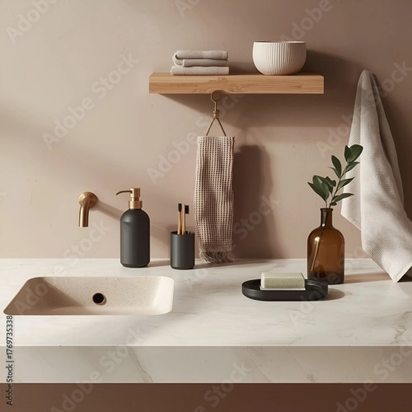 Fototapeta A Contemporary Bathroom Where Clean Design Meets Natural Warmth, Featuring a Sleek White Basin, Bamboo Accents, and Soft Wooden Textures for a Calming Everyday Retreat.