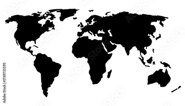 Obraz World Outlines. A minimalist world map depicting black continents on a transparent background. The simplicity of the form emphasizes the universality and interconnectedness of all continents.