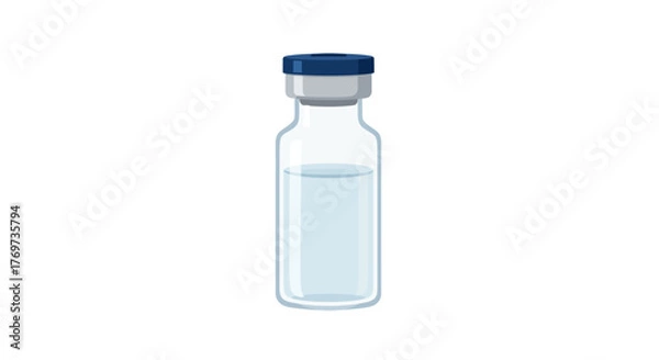 Obraz Glass vial with blue cap containing clear liquid, isolated on white.