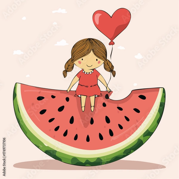 Fototapeta braided girl sitting on watermelon with heart balloon in pastel sky, summer storybook girl on fruit slice with balloon; summer-themed greeting cards, postcards, and party invitations