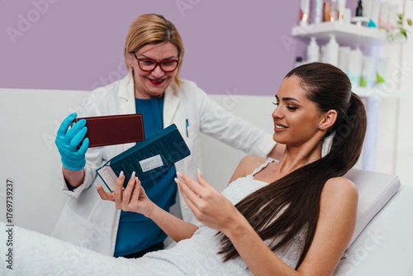 Fototapeta Cosmetologist in blue gloves and lab coat presenting various skincare products to a smiling female client lying on a treatment bed in a modern beauty clinic