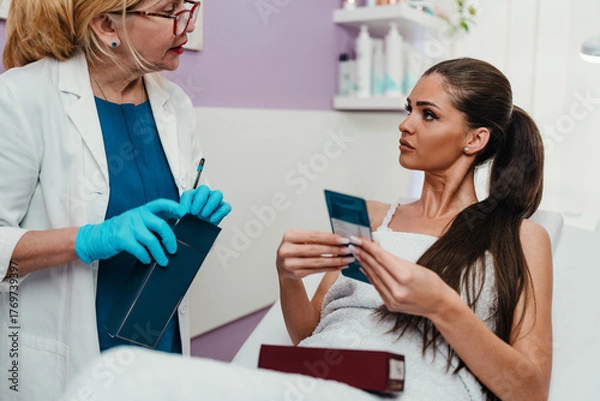 Fototapeta Cosmetologist in blue gloves and lab coat presenting various skincare products to a smiling female client lying on a treatment bed in a modern beauty clinic