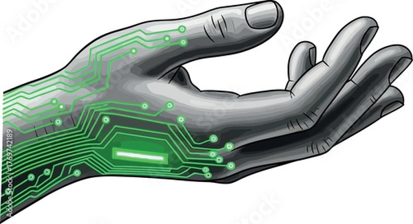 Fototapeta Hand with circuit board design futuristic technology concept vector illustration for digital interface and artificial intelligence themes