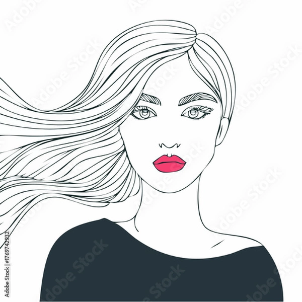 Fototapeta flowing-line portrait of woman with wind-swept hair and vivid red lips; posters, prints, and framed wall art for salons and studio spaces
