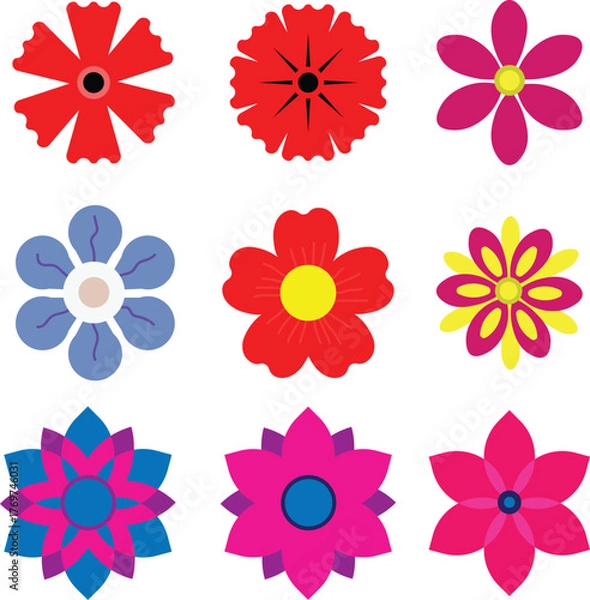 Obraz Colorful flower vector set, abstract floral icons collection, modern decorative blossom design isolated on white background