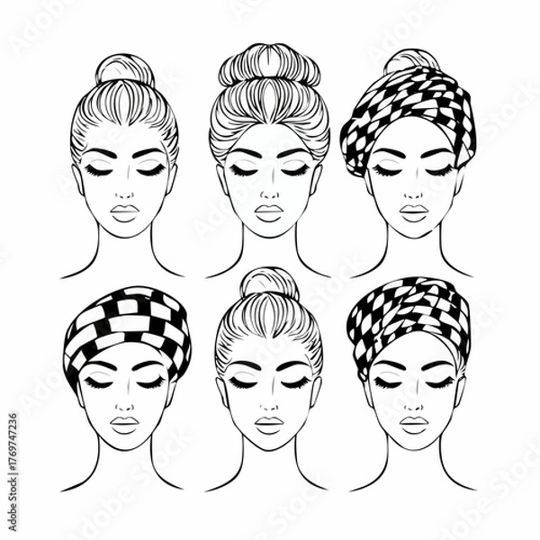 Obraz wrap styles, bun portrait set, monochrome beauty, hair study, patterned wrap collection; product art for salons, headwrap boutiques, and haircare branding