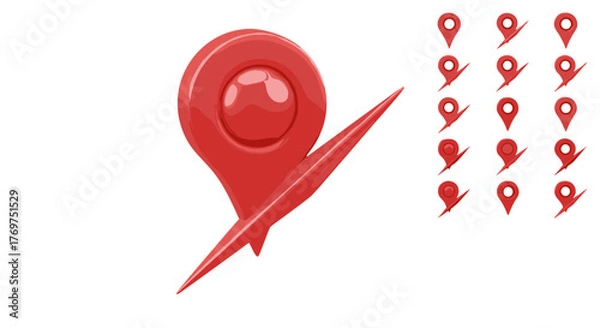 Fototapeta Set of 3D red map pins and location markers, isolated on a black background, showcasing different angles and styles of the iconic navigation symbol, perfect for travel, navigation, and location-based