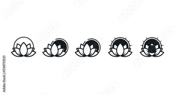 Fototapeta A set of five minimalist lotus flower icons, presented in a horizontal line against a black background, showcasing variations in petal detail and inner shading, symbolizing purity, enlightenment, and