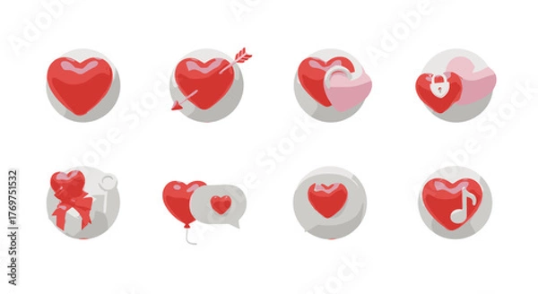 Fototapeta Collection of eight 3D rendered heart icons and symbols, perfect for Valentine's Day, love, romance, and relationship themes, featuring elements like arrows, locks, gifts, keys, speech bubbles, and
