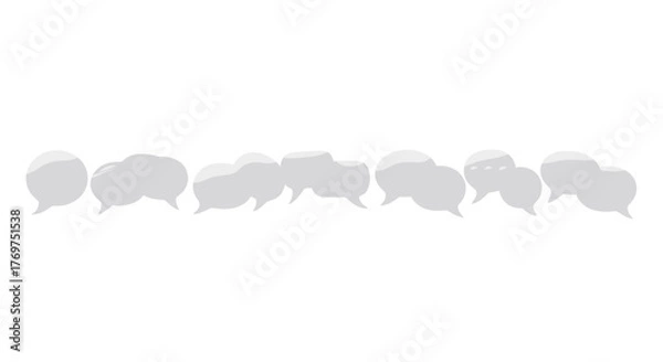 Fototapeta A row of white 3D speech bubbles, varying in shape and size, arranged horizontally against a stark black background, symbolizing communication, conversation, and dialogue in a modern, minimalist