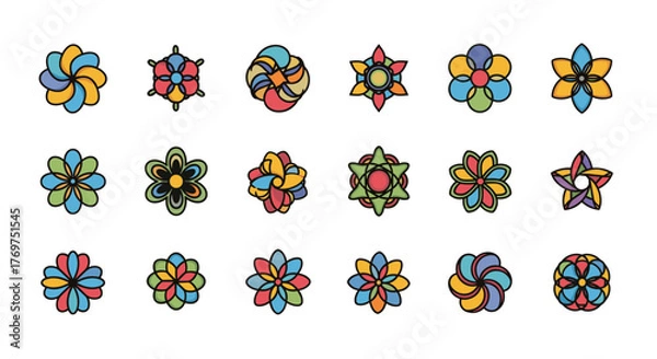 Fototapeta Collection of 18 colorful, abstract, geometric floral and star-shaped icons and symbols on a black background, representing nature, diversity, and creativity with a modern, stylized aesthetic