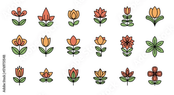 Fototapeta Collection of stylized, minimalist floral icons in warm orange and yellow hues with green leaves, presented on a black background, evoking a sense of natural beauty and simple elegance, perfect for