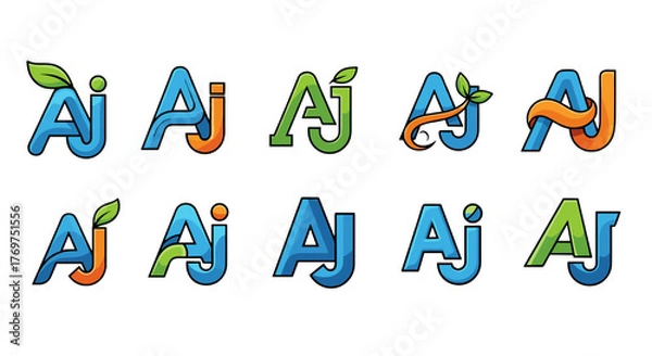 Fototapeta Collection of ten unique and vibrant 'AJ' letter logo designs, featuring diverse color palettes and organic elements like leaves and swirls, suitable for branding and graphic design projects.
