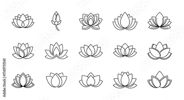 Fototapeta Collection of 15 stylized lotus flower icons in white outline on a black background, representing purity, enlightenment, and rebirth, perfect for yoga, meditation, and spa branding, with variations