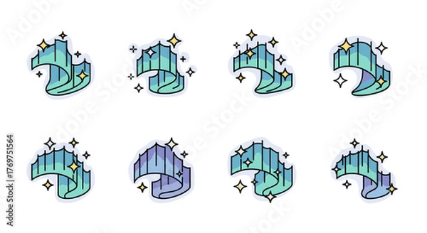 Fototapeta Set of eight stylized illustrations depicting the Aurora Borealis, featuring vibrant green, blue, and purple hues with sparkling yellow stars, presented on a black background, perfect for celestial
