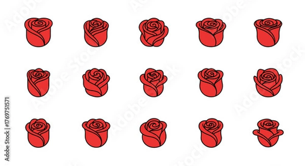 Fototapeta A collection of fifteen stylized red rose icons, each depicted with clean black outlines against a solid black background, showcasing subtle variations in petal arrangement and bud shape, perfect for