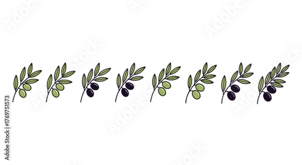 Fototapeta A repeating pattern of stylized olive branches, alternating between green and purple olives, set against a stark black background, creating a minimalist and elegant decorative border or design