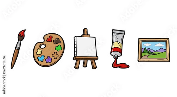 Fototapeta A vibrant and colorful collection of art supplies, including a paintbrush with red paint, a wooden artist's palette with various paint blobs, a white canvas on an easel, a tube of red and yellow